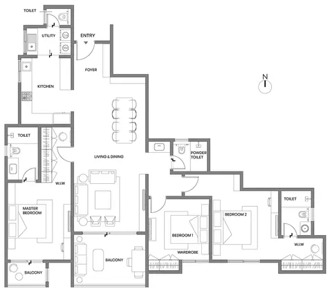 3 BHK Type A Floor Plan