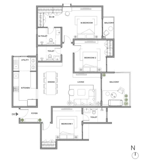 3 BHK Type A Floor Plan
