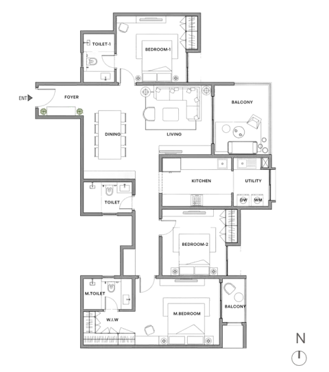 3 BHK Type B Floor Plan
