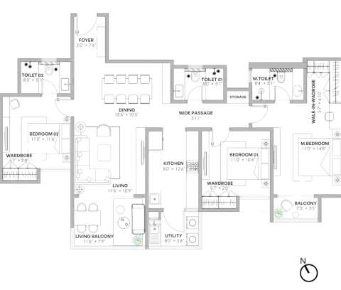 3 BHK Type B Floor Plan